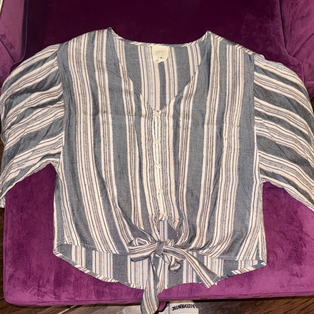 Harper Heritage Chic Striped Button-Down Blouse Tie-Front Flowy Top Shirt Small - Picture 2 of 13
